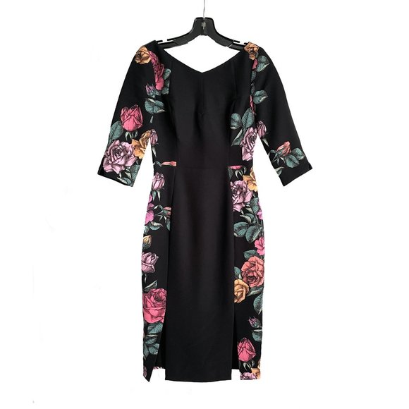 Black Halo midi dress, black with roses print. Size 0 (XS) NWT New with tag - Picture 1 of 6